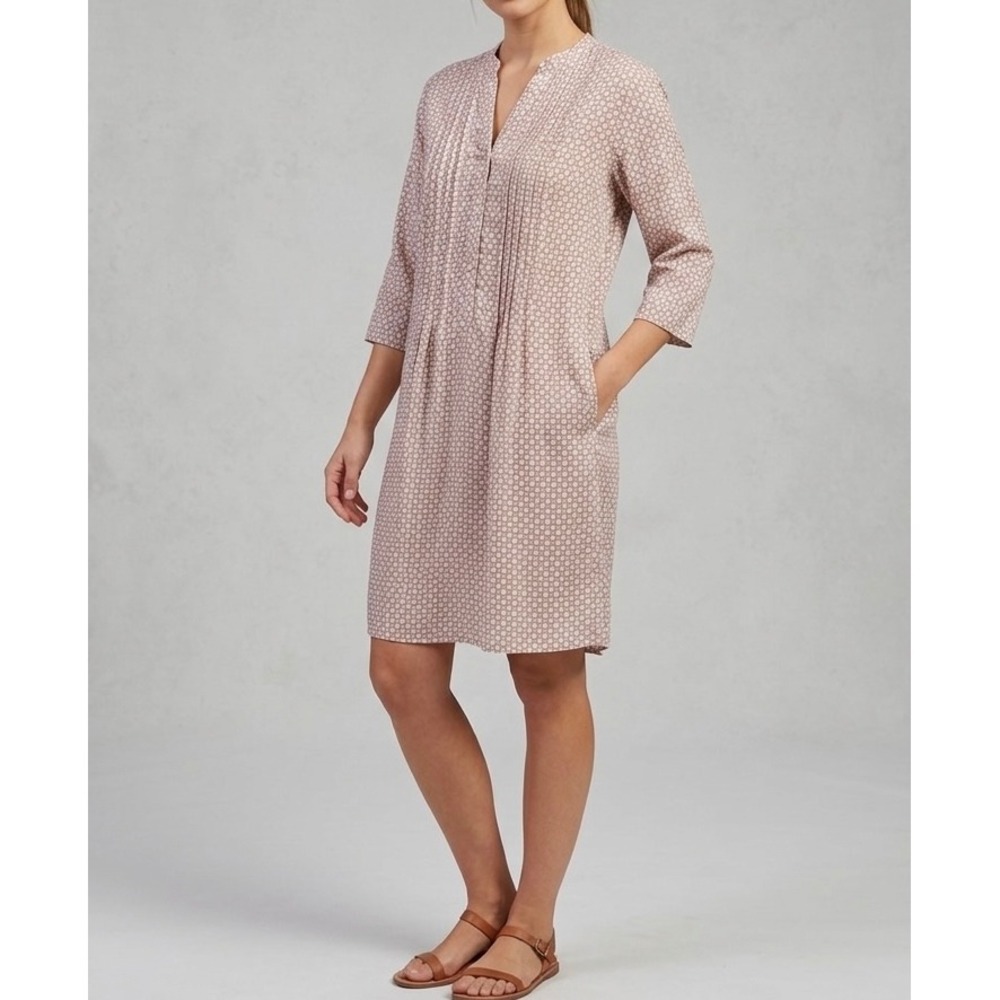 J. McLaughlin Womens Geometric‎ Print 100% Linen Pintuck Shift Dress Size M Tan